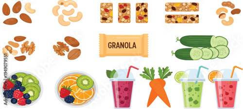Healthy Snack and Smoothie Set with Granola, Nuts, Fruits, and Fresh Juices for Wellness and Lifestyle Illustrations