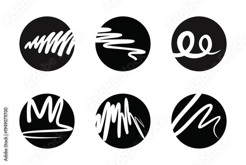 Modern geometric scribble logos: abstract white brushwork on black circles.


