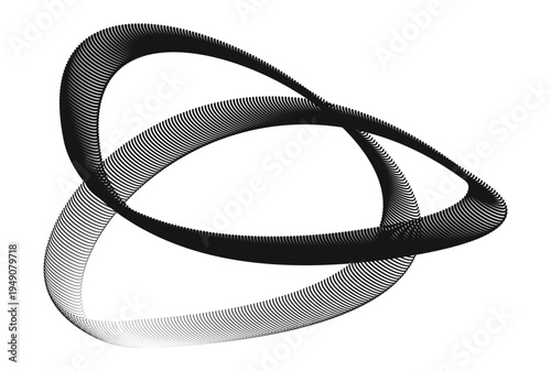 Abstract 3d mobius strip ribbon with black halftone dotted mesh pattern, circular motion line vector illustration.