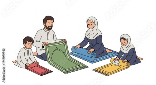 Muslim family bonding during daily prayer, rolling up their prayer mats at home, illustrating devotion, tradition, and spiritual practice in a tranquil setting