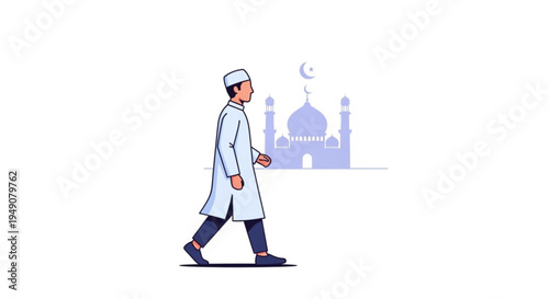 A Muslim man in traditional attire walks towards a mosque under a crescent moon, symbolizing faith and devotion