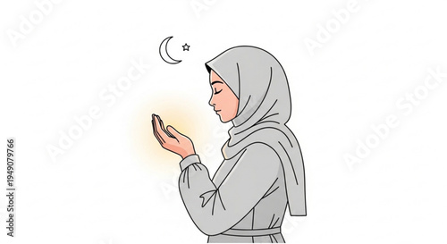 A Muslim woman in hijab praying with her hands cupped, illuminated by a soft, divine glow under a crescent moon and star, symbolizing faith and devotion