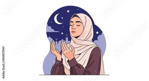 Young Muslim Woman in Hijab Praying at Night, Reflecting Faith and Devotion during Ramadan or Other Spiritual Moments