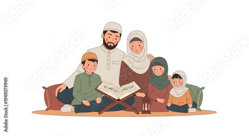 A Muslim family gathering around a book of wisdom, sharing moments of peace and togetherness