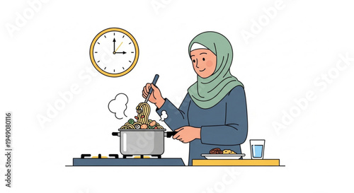 A Muslim woman in hijab happily cooking a healthy meal at home, depicted in a cheerful illustration