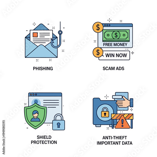 Cyber Security Threat and Protection Flat Vector Icon Set – Phishing Email, Scam Ads, Shield Protection, Anti Theft Data Illustration