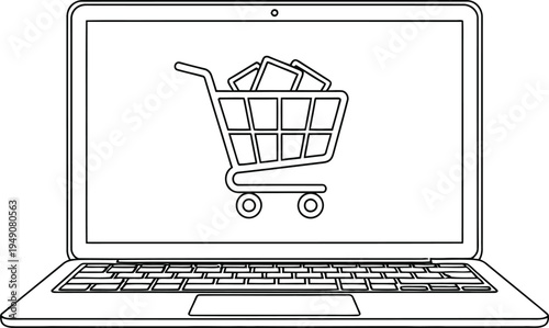 Laptop computer with shopping cart icon on screen for online shopping concept