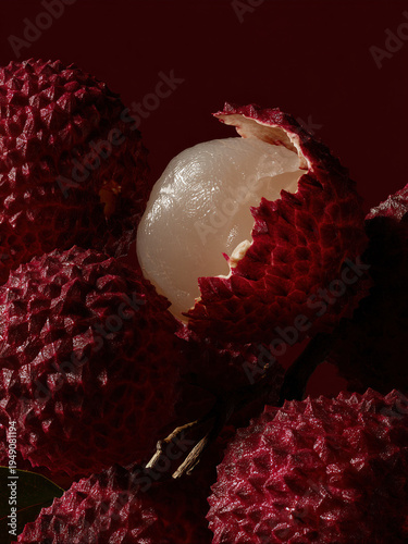 Red lychee fruit with white flesh on dark background in close view