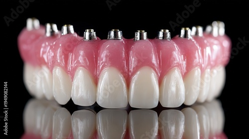 Close-up of full arch dental implant prosthesis with artificial gums and teeth on reflective black background.