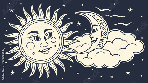 A charming black and white illustration depicts a smiling sun face and a crescent moon resting on a cloud, surrounded by twinkling stars. high-quality professional