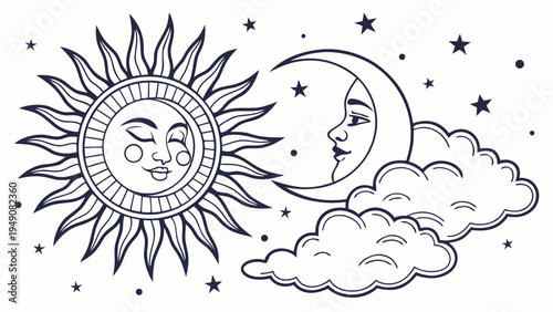 A charming black and white illustration depicts a smiling sun face and a crescent moon resting on a cloud, surrounded by twinkling stars. high-quality professional