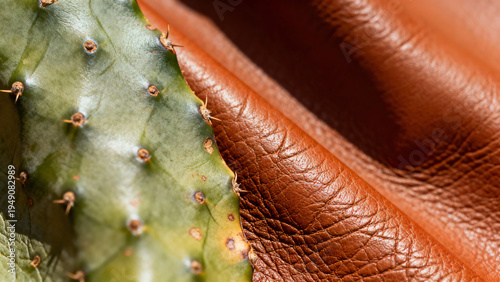 Close-Up of Leather Texture and Cactus Leaf Against Brown Background