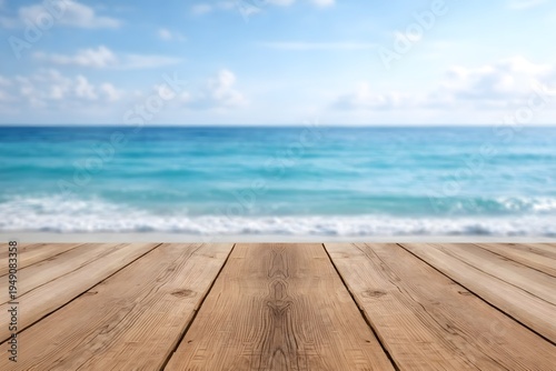 Wooden Deck Over Tropical Beach Ocean View Summer Seascape Background