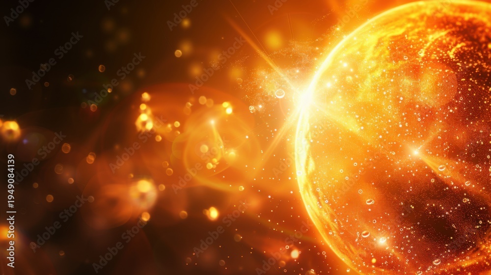 Fototapeta premium Glowing orange solar sphere with bright flares and particles in deep space, abstract cosmic scene representing sun energy, astronomy, astrophysics and universe science.