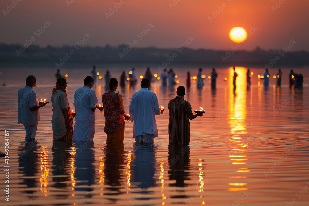 Fototapeta premium Devotees offering evening prayers with diyas in the river during Chhath Puja under glowing sunset light.