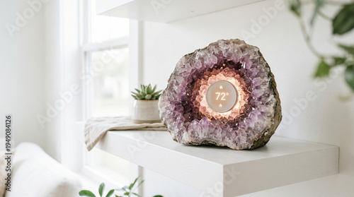 Amethyst Crystal Geode with Smart Thermostat Displaying Temperature in Modern Home Decor