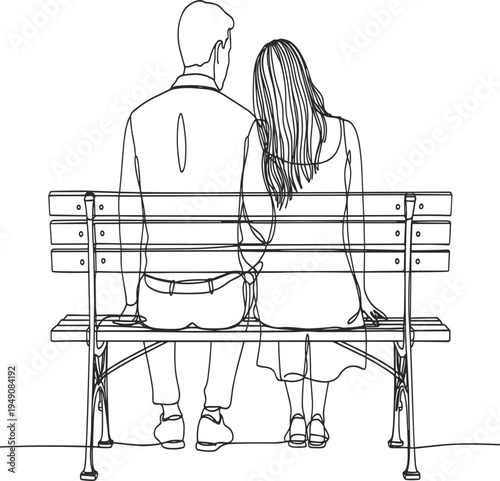 Couple Sitting on Bench Back View Black and White Line black and white d