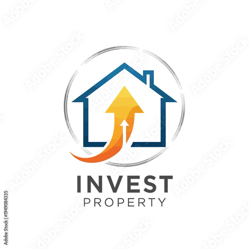 House Outline in Circle with Upward Growth Arrow Logo for Property Investment, isolated white background.