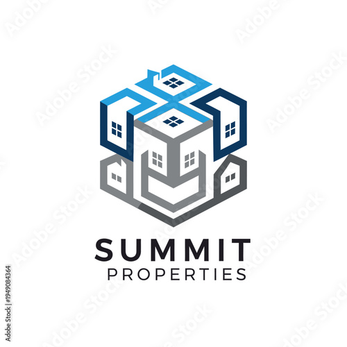 Geometric Hexagonal Cube Formed by House Shapes Logo for Property Business, isolated white background.