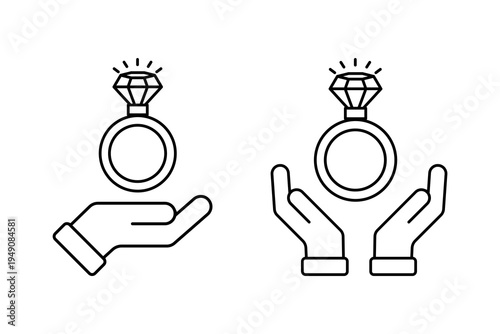 Hand Holding Wedding Ring Icon Vector Set. Brilliant, Gemstone Symbol