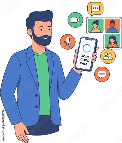 Man holding phone with video call icons floating around him in office