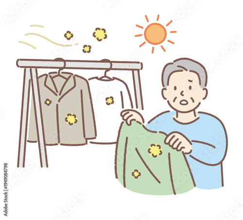 外干しで服に花粉がついて困る高齢男性