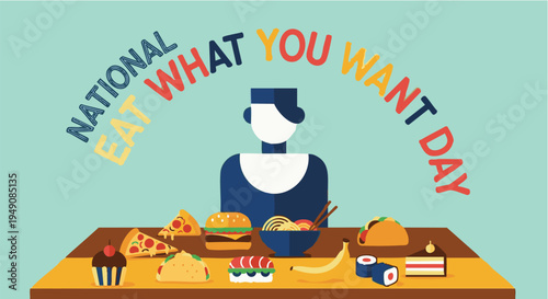National Eat What You Want Day colorful illustration with various food on table in playful vibrant lighting for celebration