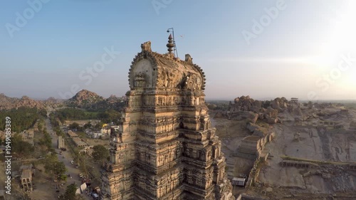 Drone slow flyby of Virupaksha temple in Hampi, Karnataka, India.