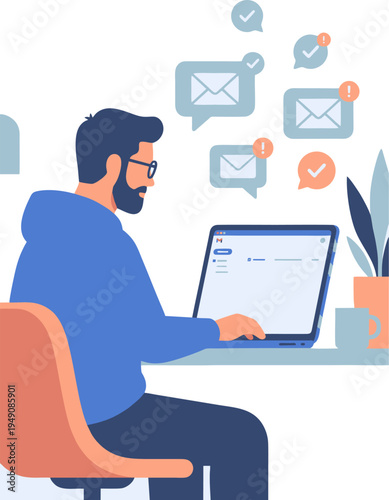 Man sitting at desk working on laptop with emails and messages icon.eps floating around
