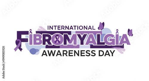 International Fibromyalgia Awareness Day purple ribbon logo with butterflies in purple and blue hues for health campaign