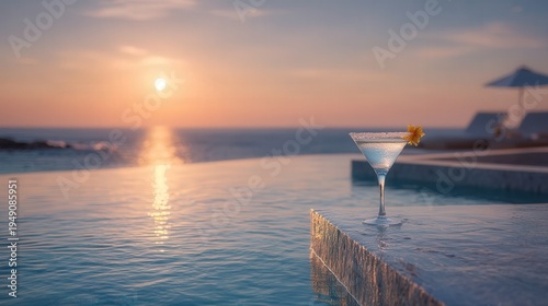 Cocktail glass on infinity pool edge overlooking calm ocean at colorful sunset, evoking luxury vacation and relaxation.