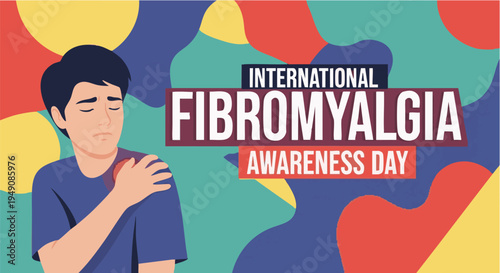 Man with hand on chest Fibromyalgia awareness day illustration in colorful abstract background for health campaign