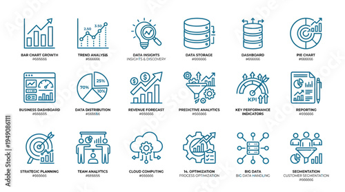 A collection of business analytics icons on a white background for data visualization and strategy planning