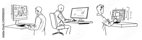 Person interacting with floating 3D interface set with abstract line art featuring futuristic workstation, digital UI, ergonomics with minimalism and white background