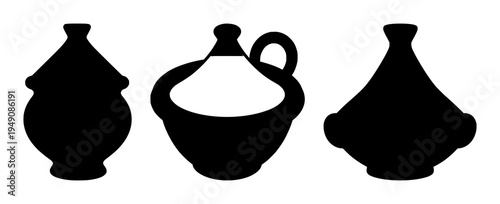 Tagine pot set with solid black silhouette showing bold smooth curves featuring North African heritage, culinary icon, black line art with simple illustration and monochrome