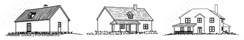 Abstract country house set with a sole continuous line illustration showing a stylized rural dwelling featuring line art, minimalist, black and white with vector and illustration