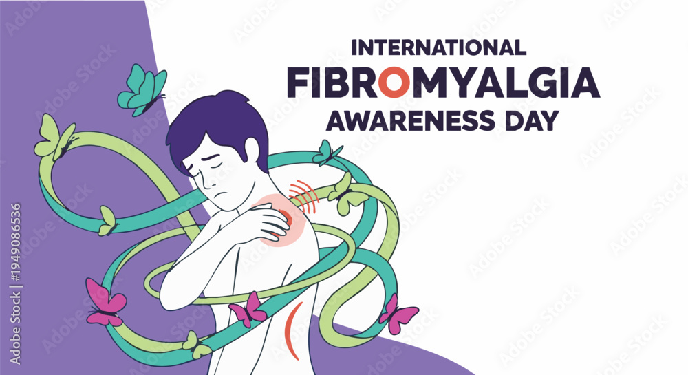 Fototapeta premium International Fibromyalgia Awareness Day illustration with man suffering from shoulder pain and colorful butterflies on clean purple and white background for medical education.
