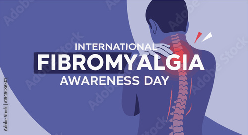 Woman with back pain awareness purple background International Fibromyalgia Awareness Day in informative medical style with red spine for health campaign
