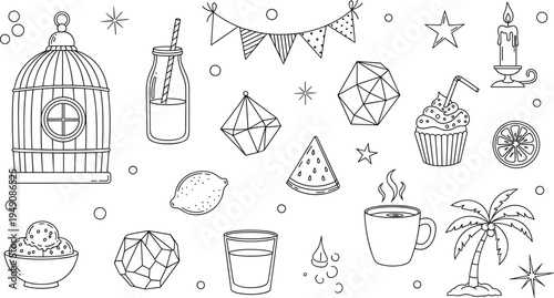 Whimsical lifestyle collection with birdcage coffee cupcake palm tree and stars in cad drawing flat vector illustration isolated on white.