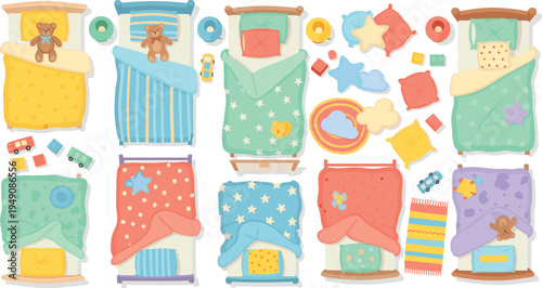 Cute Kids Bed Top View Vector Set with Colorful Blankets, Pillows, Toys, Teddy Bear and Nursery Bedroom