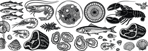 Gourmet seafood and meat collection with lobster oysters fish and steak in cad drawing flat vector illustration isolated on white.