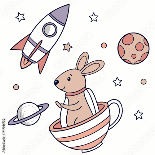 Cute SVG of a Peaceful Kangaroo in Cosmic Pastels colors, featuring in a teacup in a Space explorer setting
