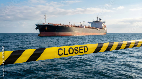 Closed barrier in front of a large cargo ship on the water during daytime