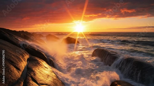 Spectacular sunrise over rocky coastline with ocean waves crashing against the rocks reflecting warm sunlight