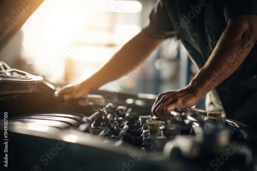 Mechanic working under car hood, inspecting engine components in a sunlit auto repair shop.