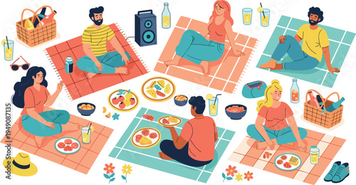 Friends Picnic Outdoor Cartoon Vector Set with People Sitting on Blankets, Food Plates, Drinks and Summer Park Gathering