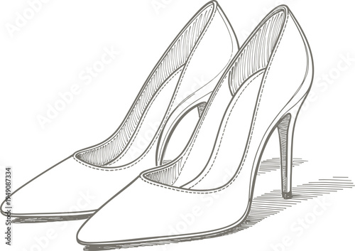 Pair of black and white heel shoes with pointed toes and thin heels line fashion desi