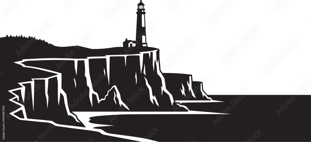 Obraz premium Vector lighthouse on cliffside silhouette