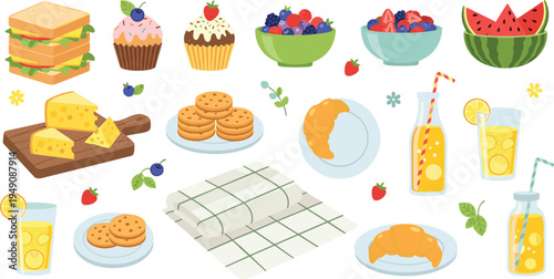Picnic Food and Snacks Cartoon Vector Set with Sandwich, Cupcake, Cookies, Croissant, Cheese, Lemonade and Fruits