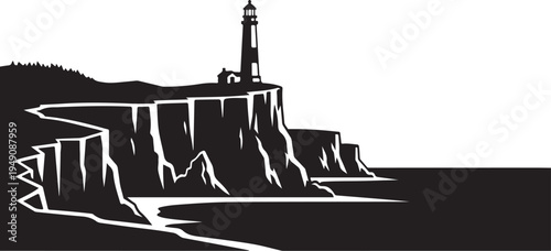 Vector lighthouse on cliffside silhouette